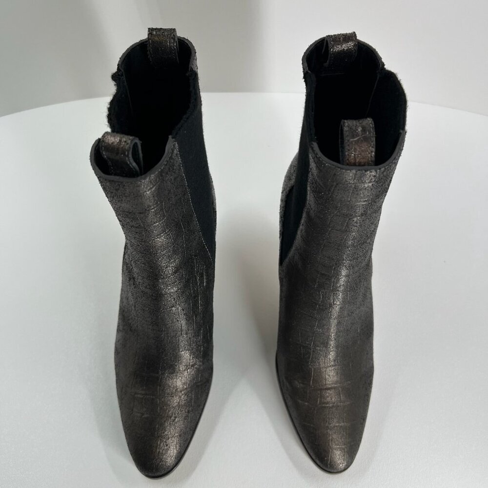 PAIGE Celeste Ankle Bootie Size 8.5 Stiletto Heel Gunmetal Croc Leather Metallic - Picture 9 of 14